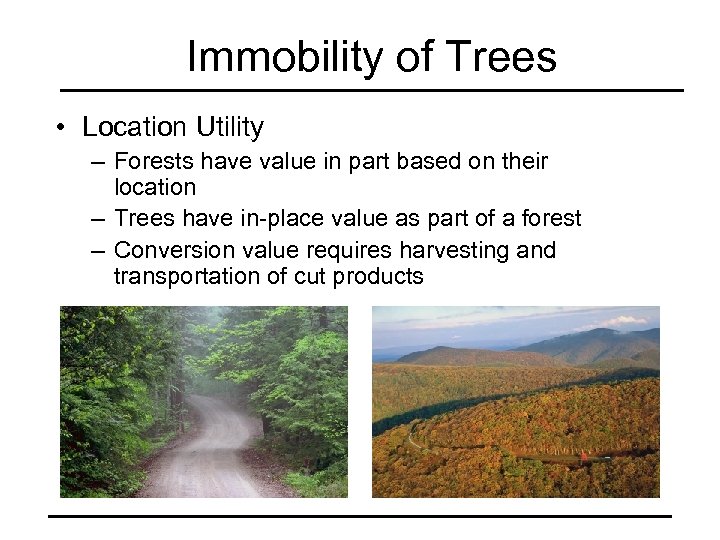 Immobility of Trees • Location Utility – Forests have value in part based on