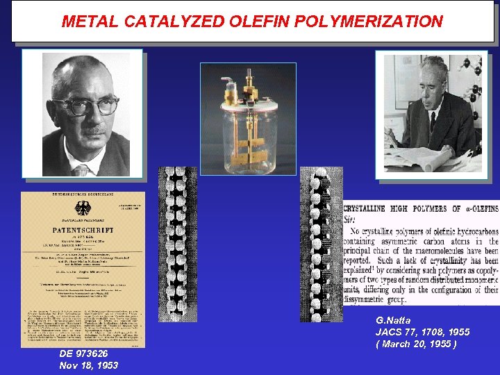 METAL CATALYZED OLEFIN POLYMERIZATION DE 973626 Nov 18, 1953 G. Natta JACS 77, 1708,