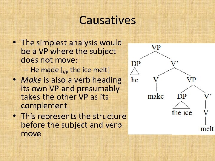 Causatives • The simplest analysis would be a VP where the subject does not
