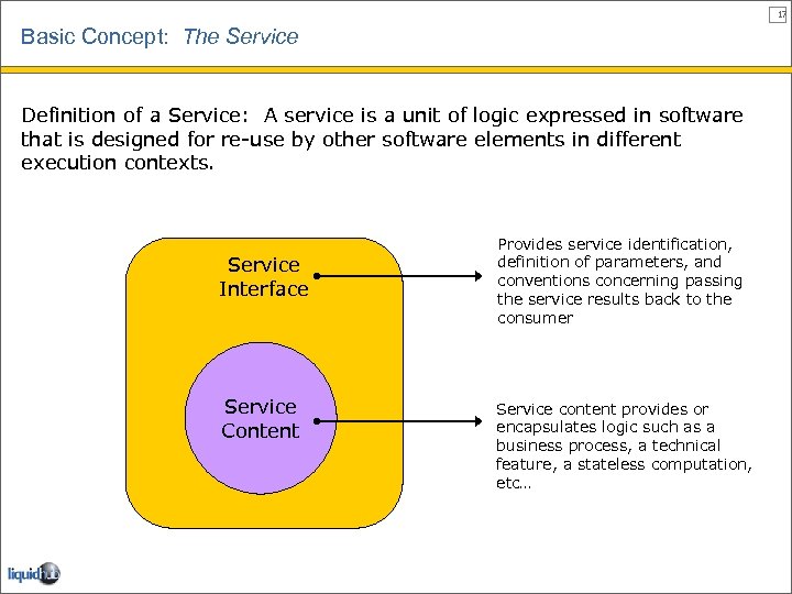 17 Basic Concept: The Service Definition of a Service: A service is a unit