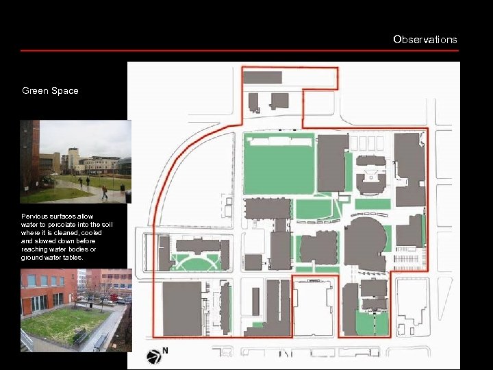 Observations Green Space Pervious surfaces allow water to percolate into the soil where it