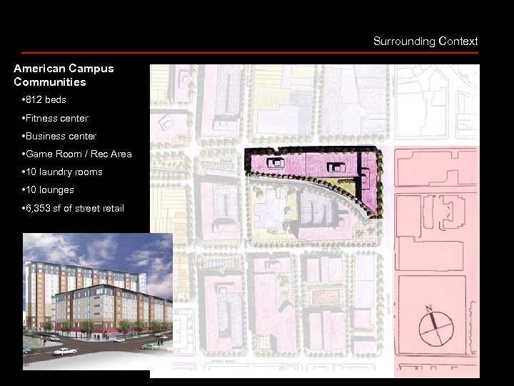 Surrounding Context American Campus Communities • 812 beds • Fitness center • Business center