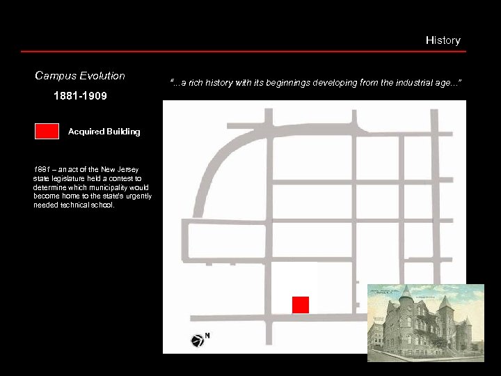 History Campus Evolution 1881 -1909 Acquired Building 1881 – an act of the New