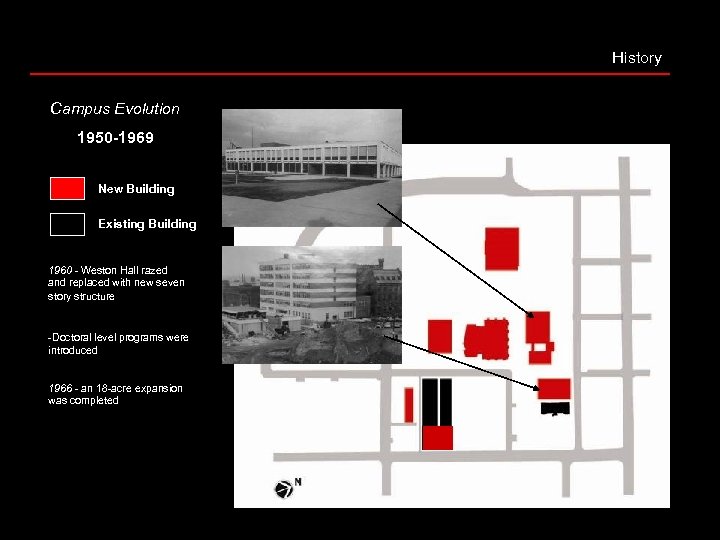 History Campus Evolution 1950 -1969 New Building Existing Building 1960 - Weston Hall razed