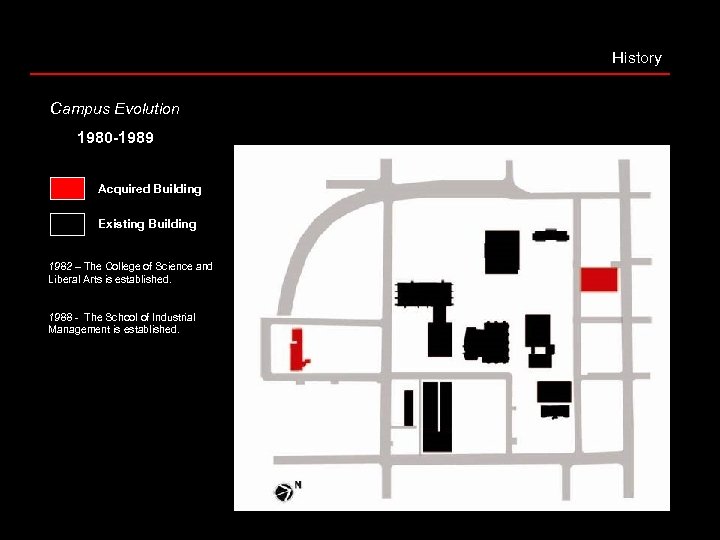 History Campus Evolution 1980 -1989 Acquired Building Existing Building 1982 – The College of