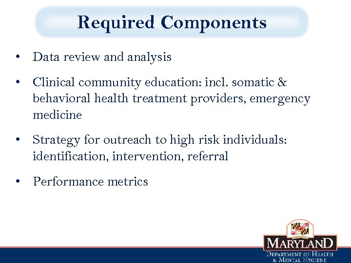 Required Components • Data review and analysis • Clinical community education: incl. somatic &