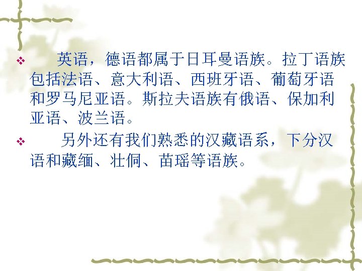 v 英语，德语都属于日耳曼语族。拉丁语族 包括法语、意大利语、西班牙语、葡萄牙语 和罗马尼亚语。斯拉夫语族有俄语、保加利 亚语、波兰语。 v 另外还有我们熟悉的汉藏语系，下分汉 语和藏缅、壮侗、苗瑶等语族。 