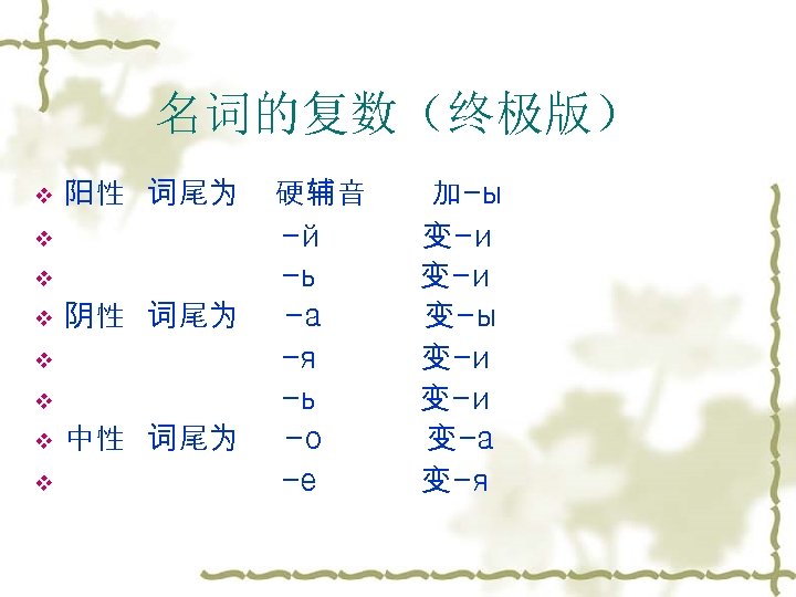 名词的复数（终极版） v v v v 阳性 词尾为 硬辅音 加-ы -й 变-и -ь 变-и 阴性