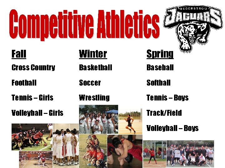 Fall Winter Spring Cross Country Basketball Baseball Football Soccer Softball Tennis – Girls Wrestling