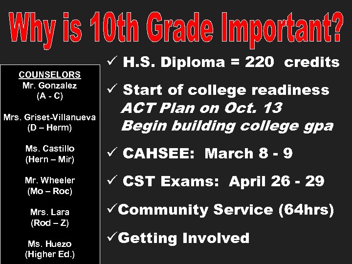 COUNSELORS Mr. Gonzalez (A - C) Mrs. Griset-Villanueva (D – Herm) Ms. Castillo (Hern