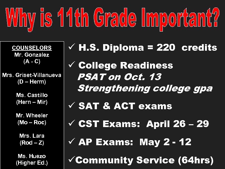 COUNSELORS Mr. Gonzalez (A - C) Mrs. Griset-Villanueva (D – Herm) Ms. Castillo (Hern