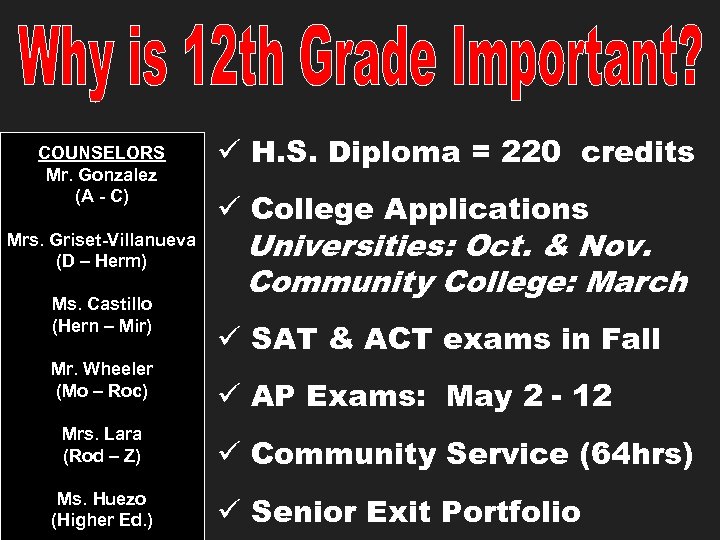 COUNSELORS Mr. Gonzalez (A - C) Mrs. Griset-Villanueva (D – Herm) Ms. Castillo (Hern
