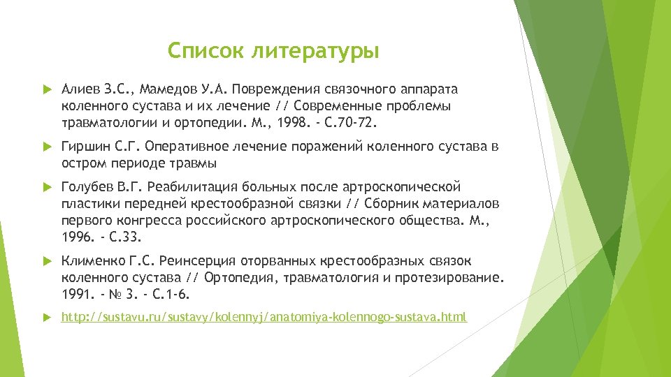 Список литературы Алиев З. С. , Мамедов У. А. Повреждения связочного аппарата коленного сустава
