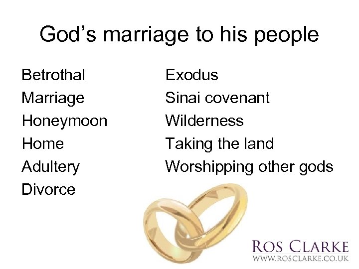 God’s marriage to his people Betrothal Marriage Honeymoon Home Adultery Divorce Exodus Sinai covenant