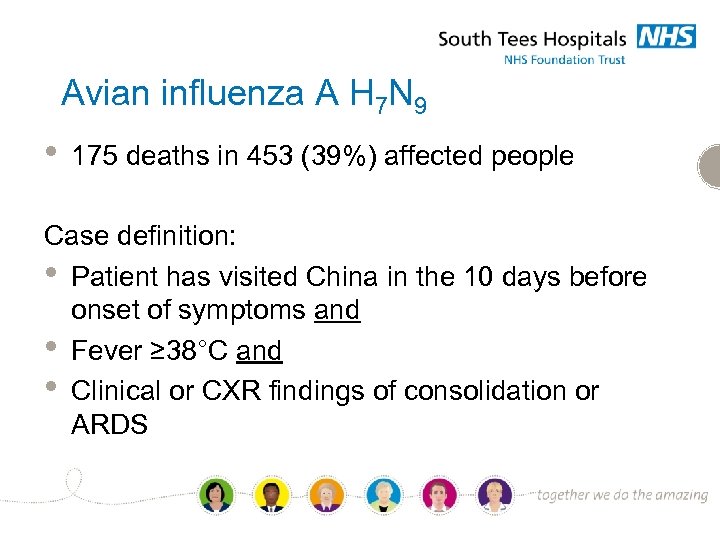 Avian influenza A H 7 N 9 • 175 deaths in 453 (39%) affected