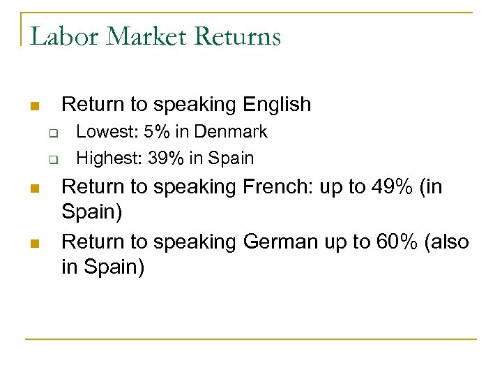 Labor Market Returns Return to speaking English n q q n n Lowest: 5%