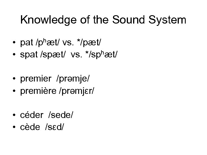 Knowledge of the Sound System • pat /phæt/ vs. */pæt/ • spat /spæt/ vs.