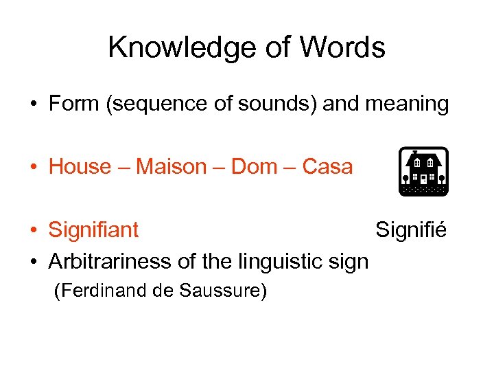 Knowledge of Words • Form (sequence of sounds) and meaning • House – Maison
