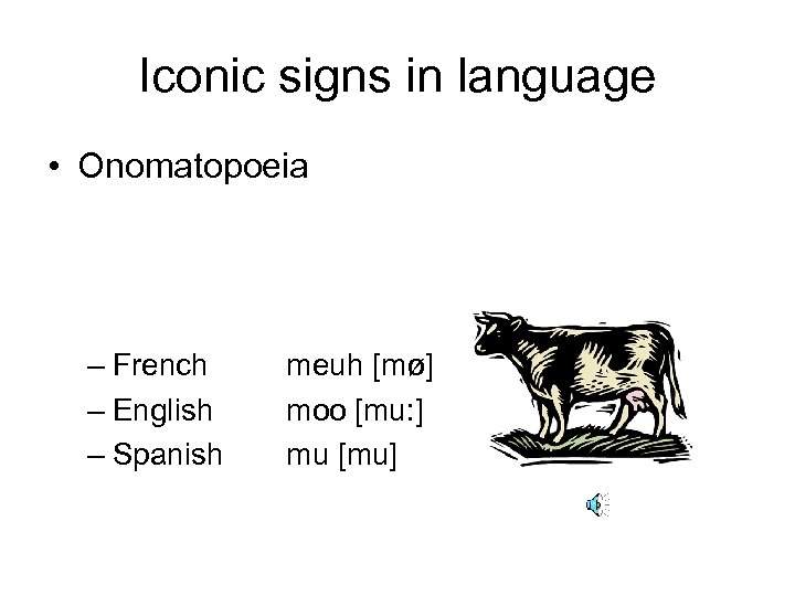 Iconic signs in language • Onomatopoeia – French – English – Spanish meuh [mø]