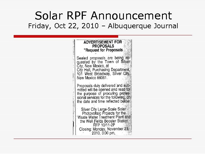 Solar RPF Announcement Friday, Oct 22, 2010 – Albuquerque Journal 