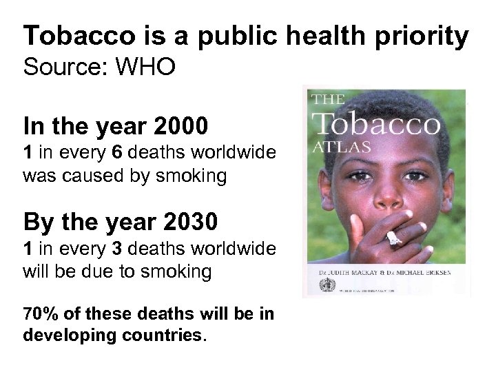 Tobacco is a public health priority Source: WHO In the year 2000 1 in