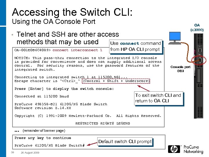 Accessing the Switch CLI: Using the OA Console Port • OA (c 3000) Telnet