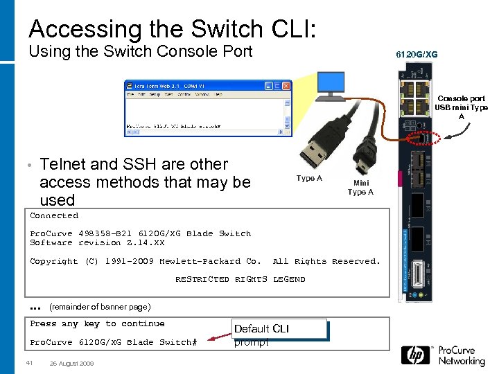 Accessing the Switch CLI: Using the Switch Console Port 6120 G/XG Console port USB