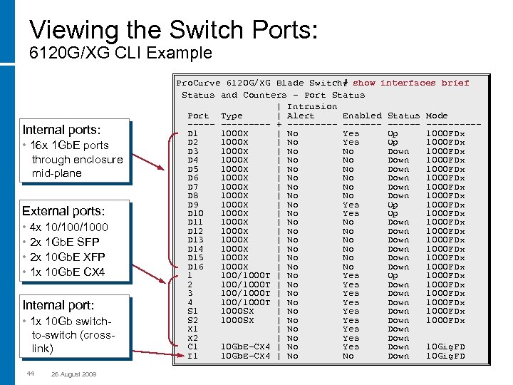 Viewing the Switch Ports: 6120 G/XG CLI Example Internal ports: • 16 x 1