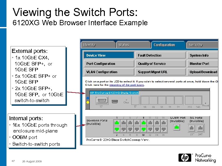 Viewing the Switch Ports: 6120 XG Web Browser Interface Example External ports: • 1