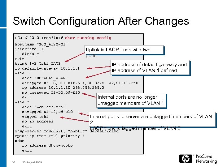 Switch Configuration After Changes PCU_6120 -01(config)# show running-config hostname “PCU_6120 -01" interface I 1
