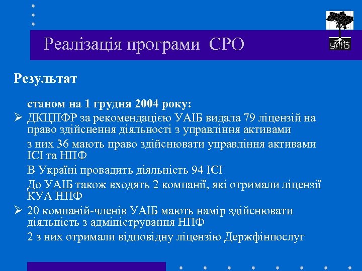 Реалізація програми СРО Результат станом на 1 грудня 2004 року: Ø ДКЦПФР за рекомендацією