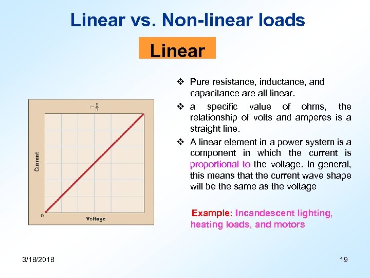 Linear vs. Non-linear loads Linear v Pure resistance, inductance, and capacitance are all linear.