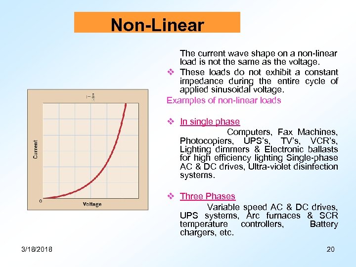 Non-Linear The current wave shape on a non-linear load is not the same as