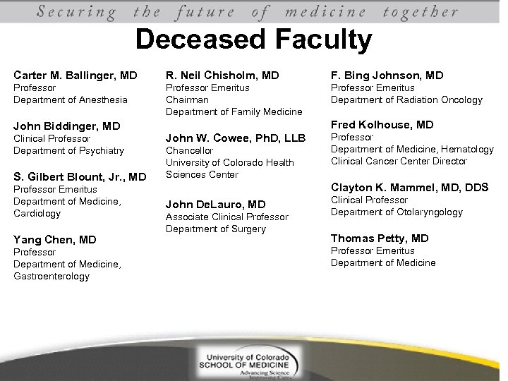 Deceased Faculty Carter M. Ballinger, MD R. Neil Chisholm, MD F. Bing Johnson, MD