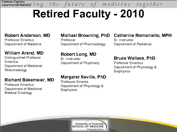 Professor Emeritus Department of Medicine Retired Faculty - 2010 Robert Anderson, MD Michael Browning,