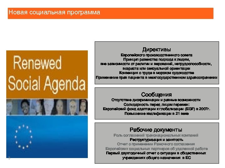 Новая социальная программа Директивы Европейского производственного совета Принцип равенства подхода к людям, вне зависимости