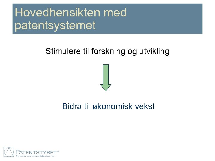 Hovedhensikten med patentsystemet Stimulere til forskning og utvikling Bidra til økonomisk vekst 