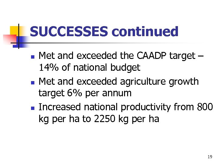 SUCCESSES continued n n n Met and exceeded the CAADP target – 14% of