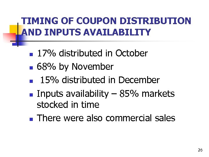 TIMING OF COUPON DISTRIBUTION AND INPUTS AVAILABILITY n n n 17% distributed in October