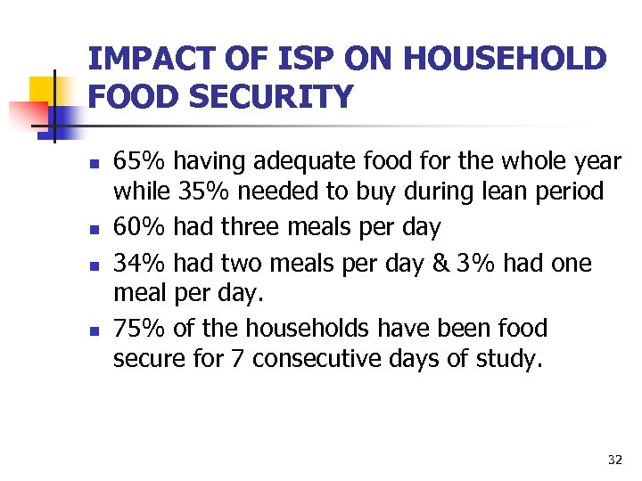 IMPACT OF ISP ON HOUSEHOLD FOOD SECURITY n n 65% having adequate food for