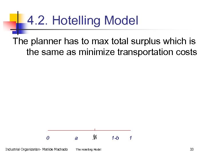 4. 2. Hotelling Model The planner has to max total surplus which is the