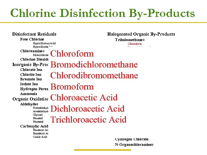 Chlorine Disinfection By-Products Disinfectant Residuals Free Chlorine Hypochlorous Acid Hypochlorite Ion Halogenated Organic By-Products