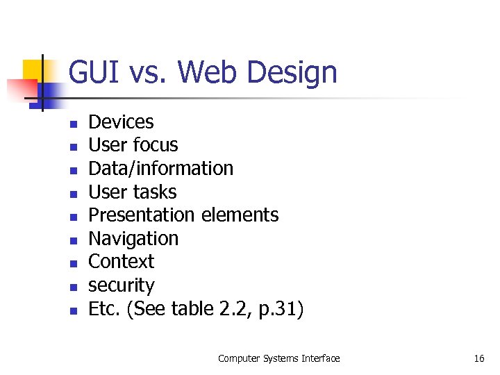 GUI vs. Web Design n n n n Devices User focus Data/information User tasks