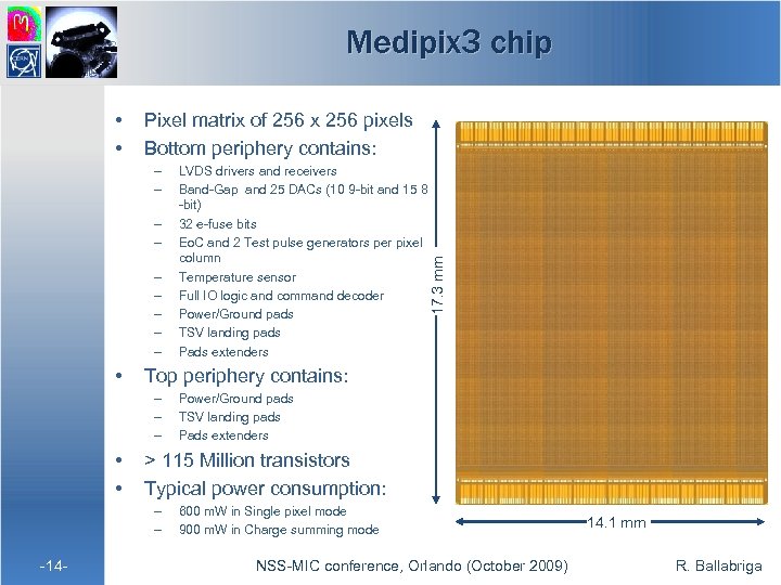 Medipix 3 chip Pixel matrix of 256 x 256 pixels Bottom periphery contains: –