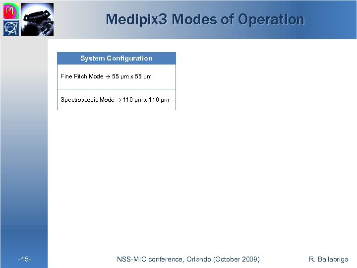 Medipix 3 Modes of Operation System Configuration Pixel Operating Modes # Thresholds Single Pixel
