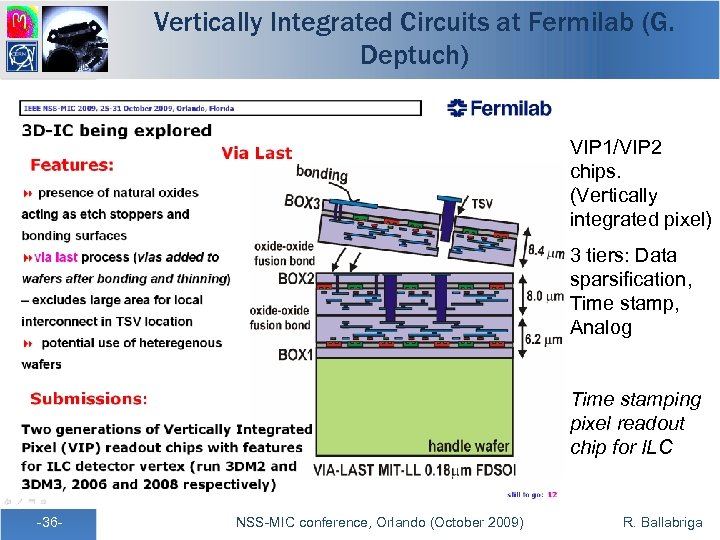 Vertically Integrated Circuits at Fermilab (G. Deptuch) VIP 1/VIP 2 chips. (Vertically integrated pixel)