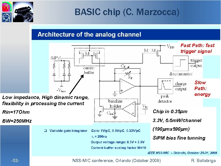 BASIC chip (C. Marzocca) Fast Path: fast trigger signal Slow Path: energy Low impedance,