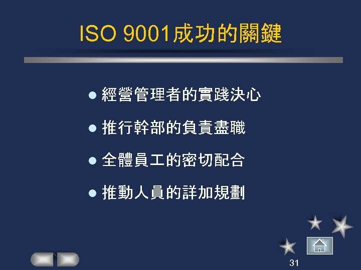 ISO 9001成功的關鍵 l 經營管理者的實踐決心 l 推行幹部的負責盡職 l 全體員 的密切配合 l 推動人員的詳加規劃 31 
