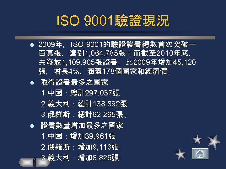 ISO 9001驗證現況 2009年，ISO 9001的驗證證書總數首次突破一 百萬張，達到 1, 064, 785張；而截至 2010年底， 共發放 1, 109, 905張證書，比 2009年增加