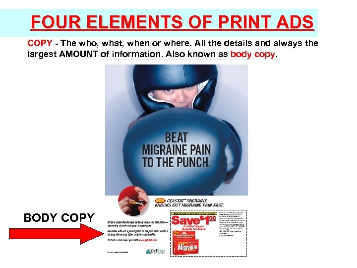 FOUR ELEMENTS OF PRINT ADS COPY - The who, what, when or where. All